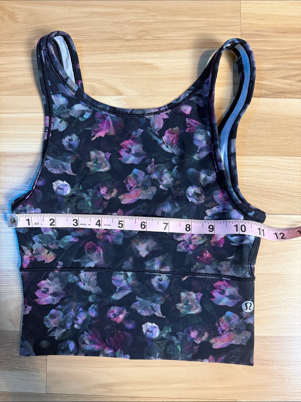 lululemon athletica Black Sports Bra Top with Purple & Pink Floral Print